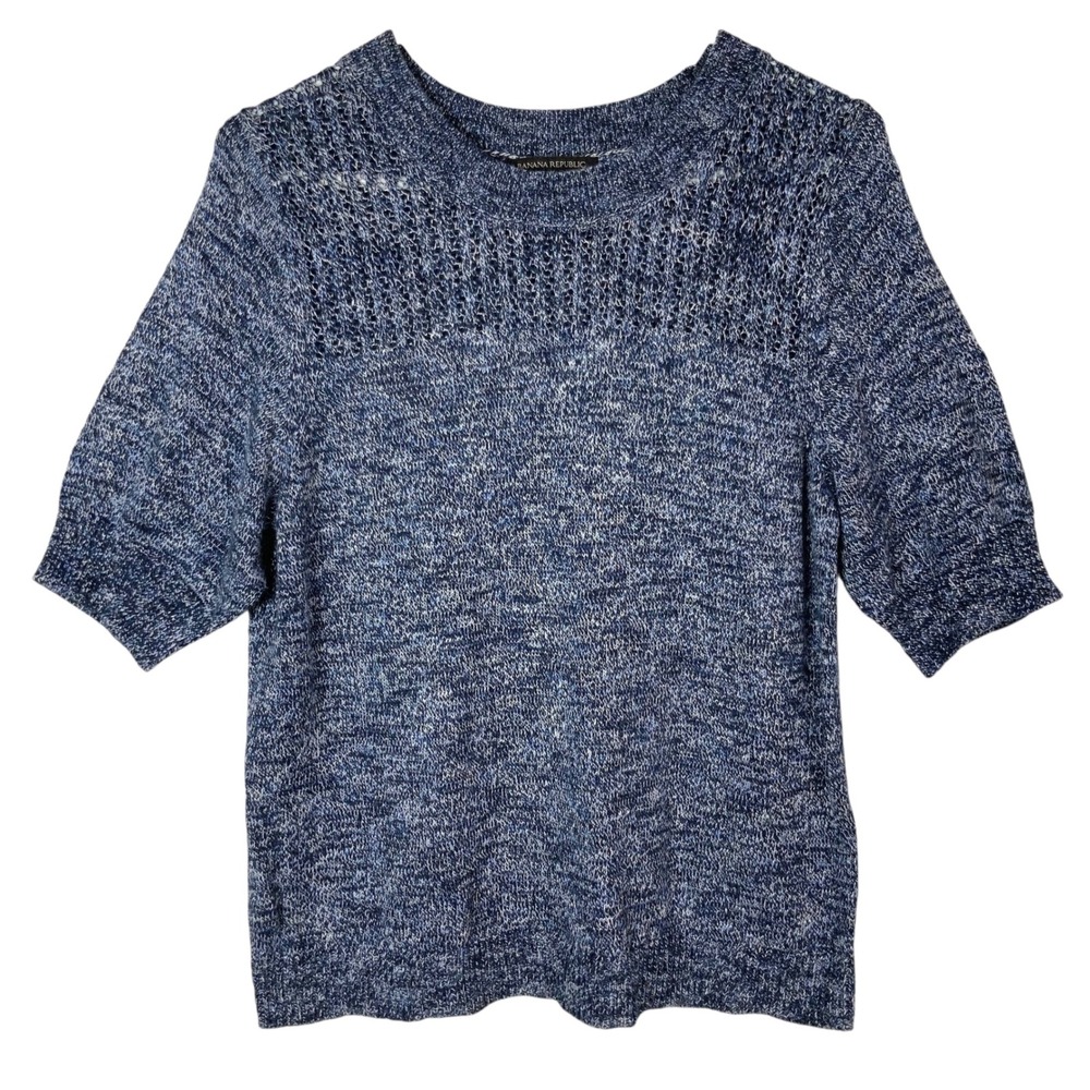 Banana Republic Blue Marled Knit Top M Pullover Crew Neck Short Sleeve Pointelle - Picture 1 of 6